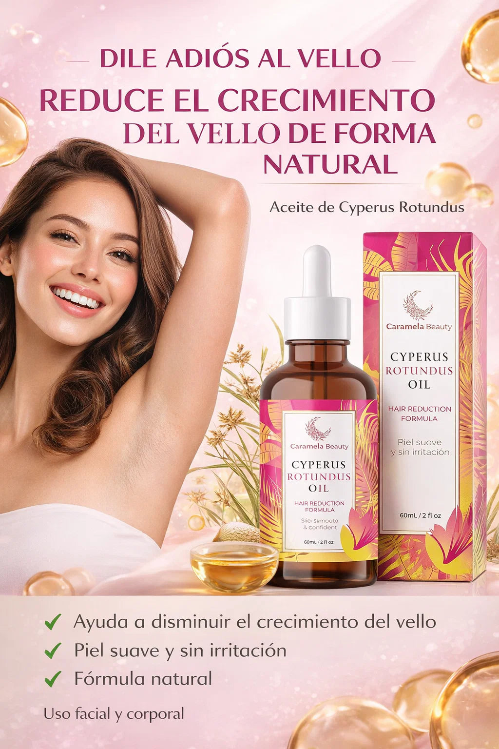 Caramela, Aceite Natural de Cyperus Rotundus para Depilación, Hidratante.