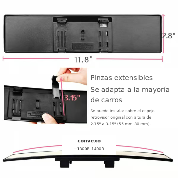 Espejo panorámico con clip interior universal para coche, gran angular